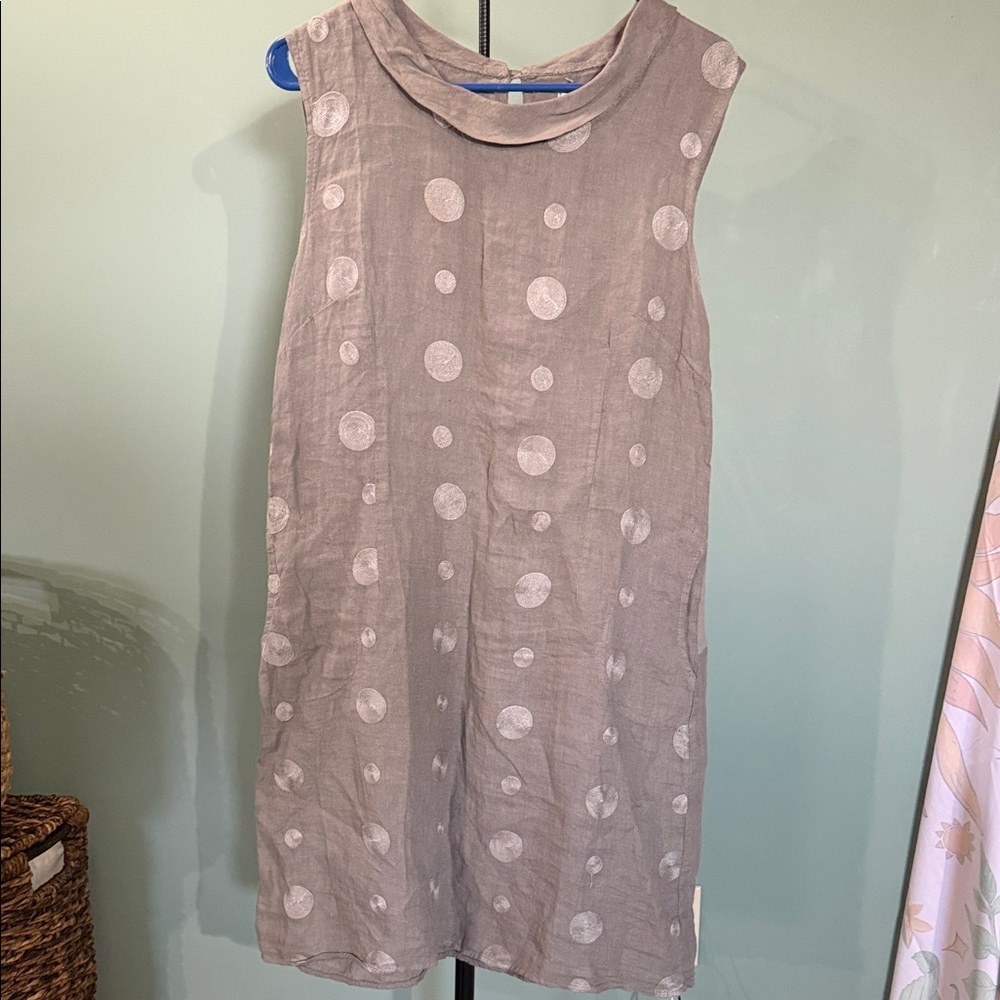 Sleeveless Taupe Linen Polka Dot Shift Dress